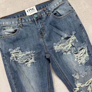 ONE by One Teaspoon Jeans Women 25 Trashed Straight Distressed Medium Wash Denim
